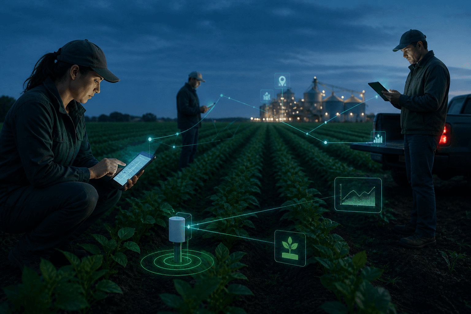 Field agronomist and farm team in crop rows using tablets with connected agronomy and supply chain data links in teal glow