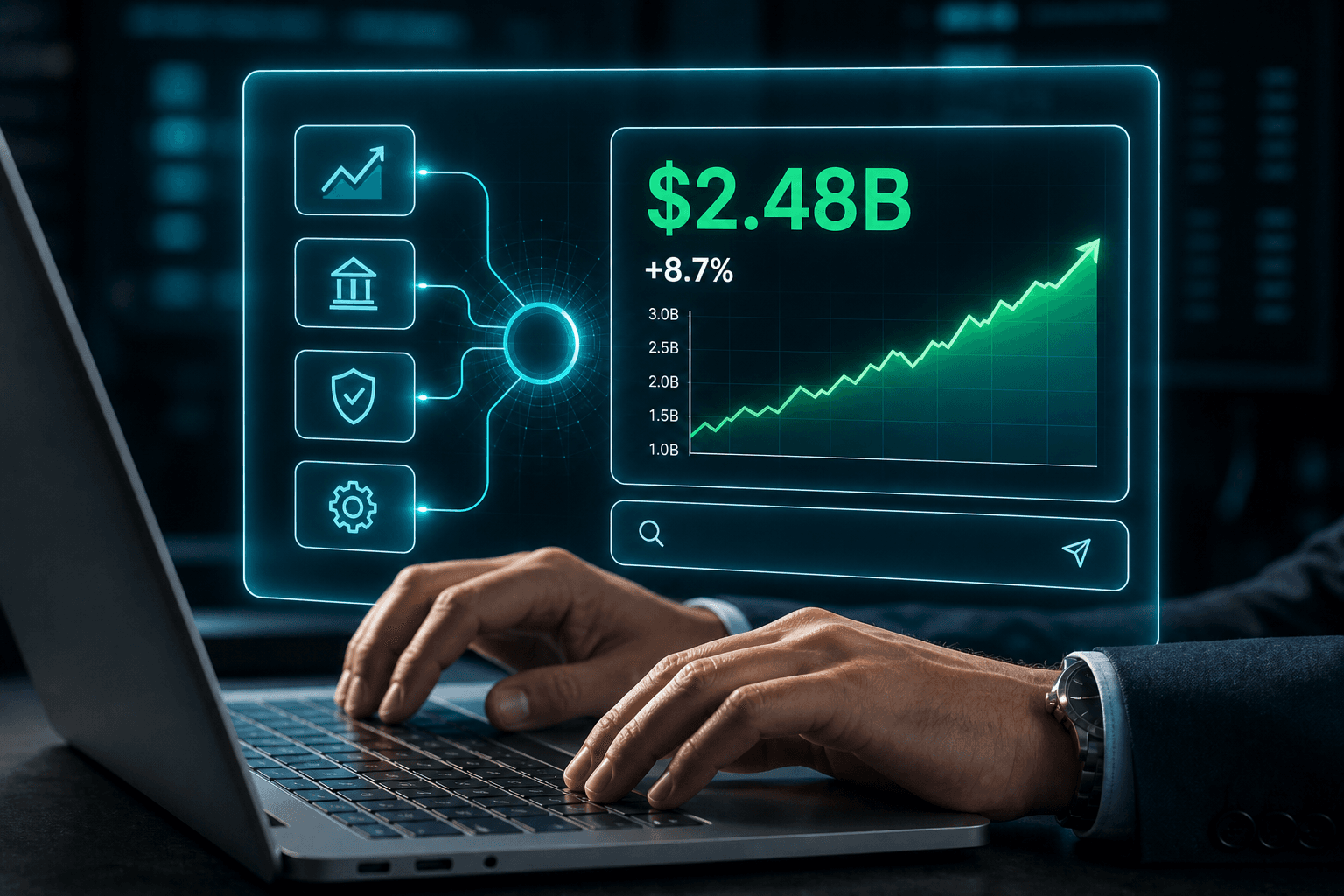 Hands on a laptop with a bright holographic liquidity dashboard showing icons, $2.48B figure and trend chart