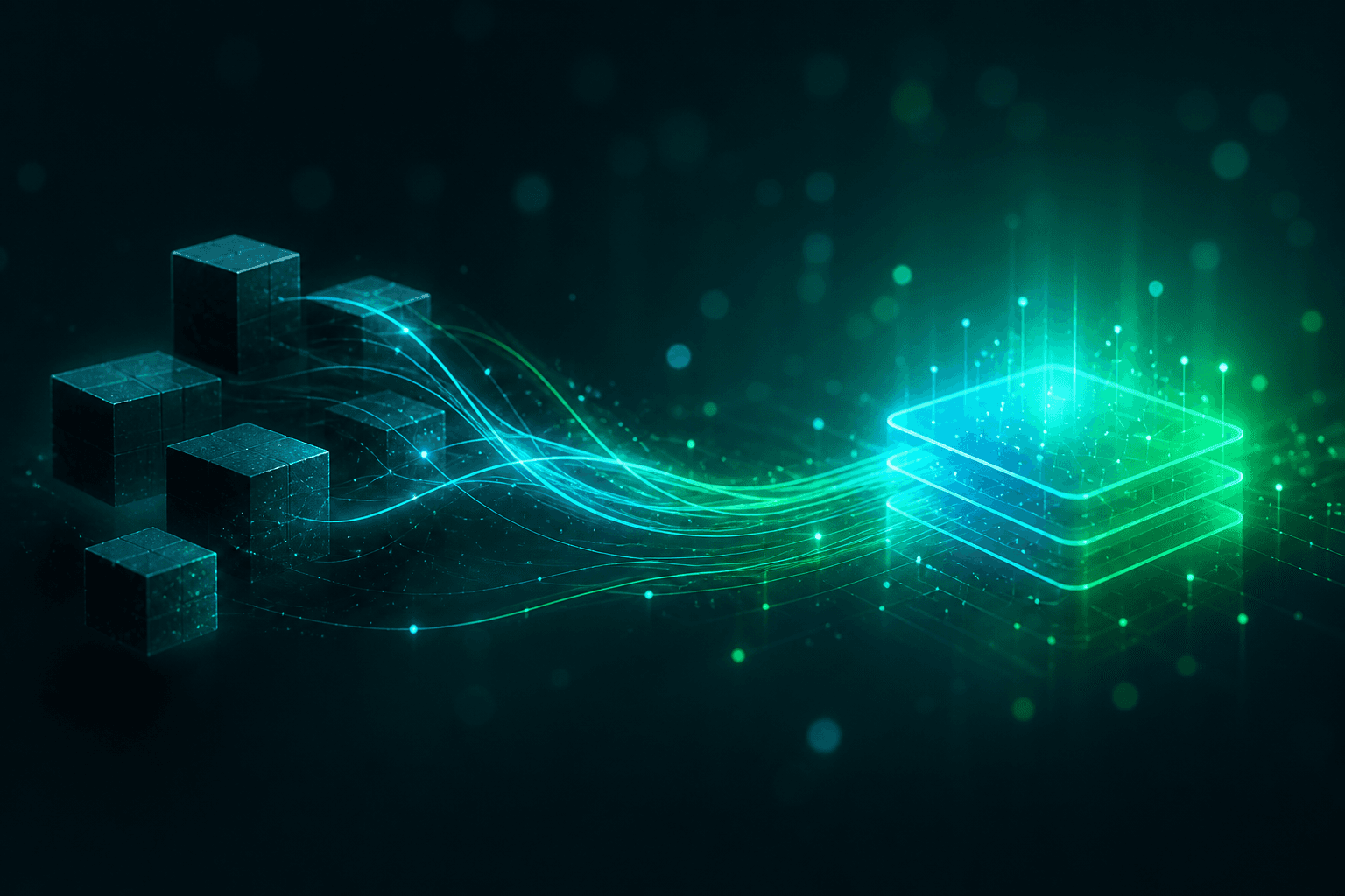 Abstract visualization of legacy systems flowing through integration into a unified digital platform