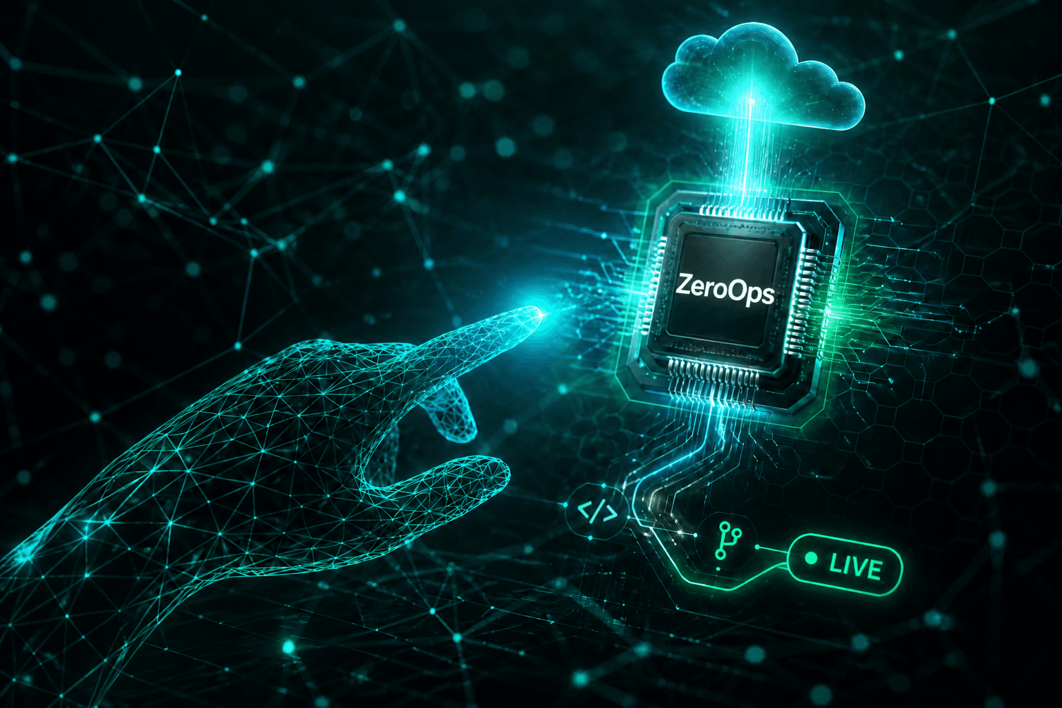 Premium 3D visualization of a wireframe hand activating a ZeroOps Cloud chip that deploys code from repository to a live hosted application