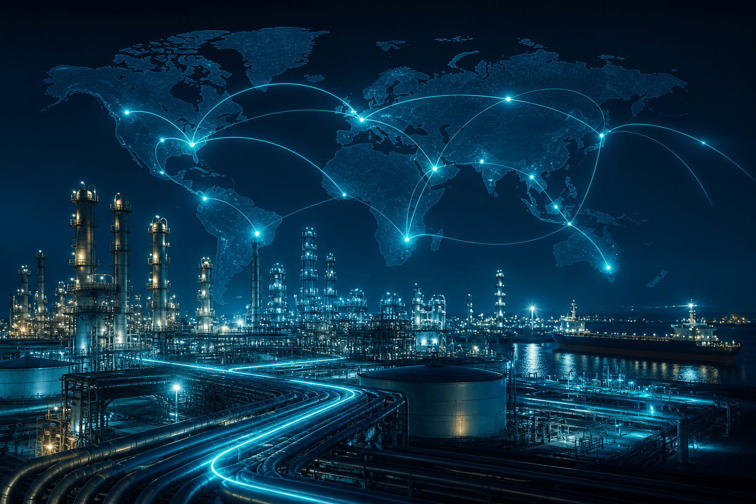 Night refinery with pipeline network extending across a global map connecting refining, trading and export