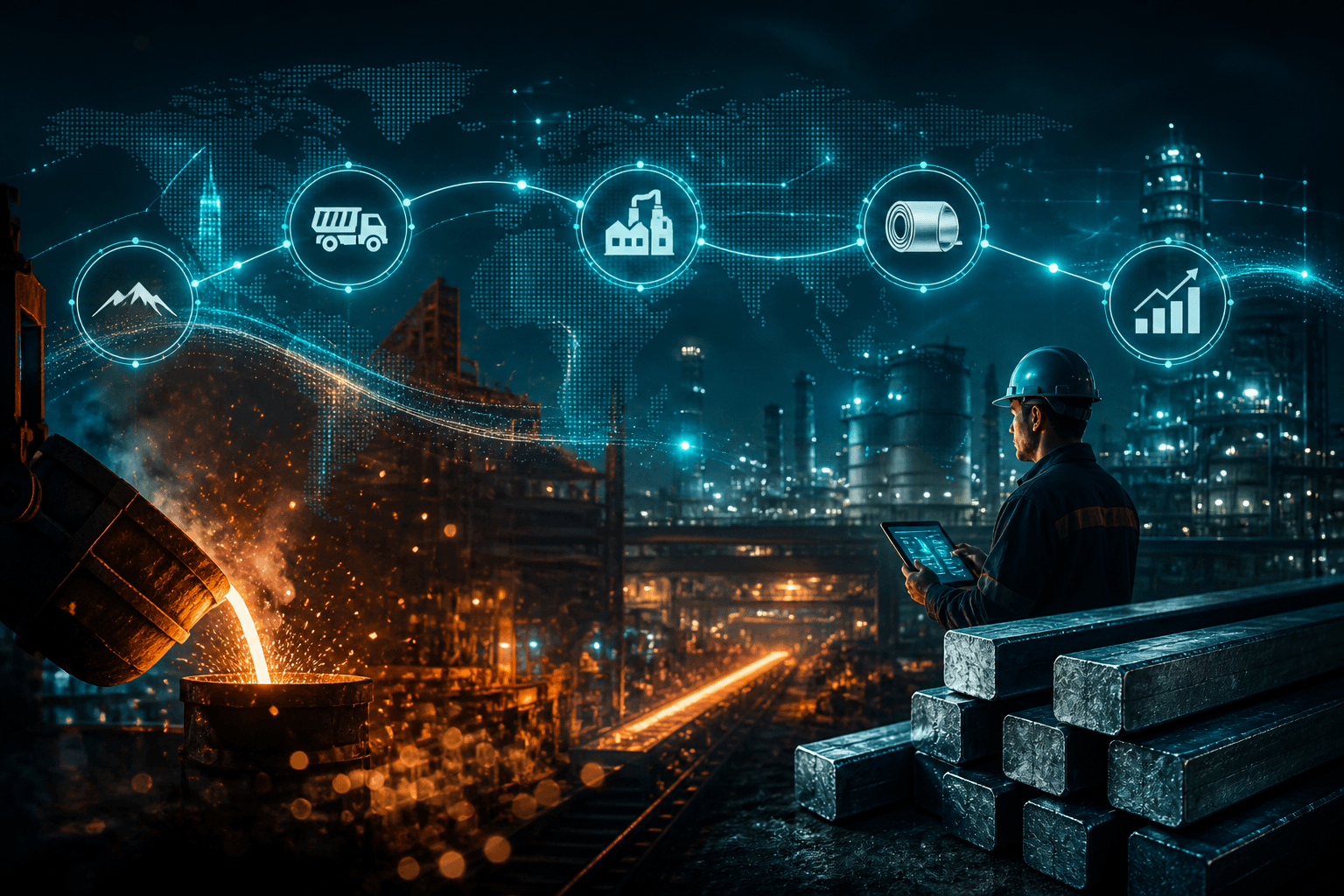 Industrial metals value chain scene with molten steel, ingots and glowing analytics connecting mine to market