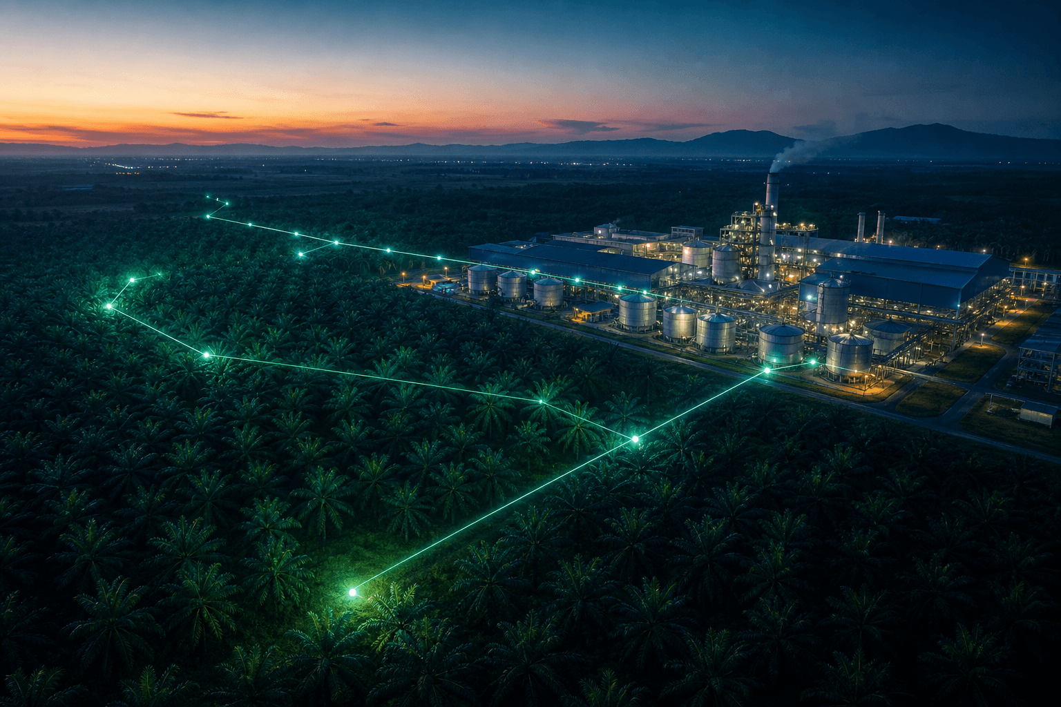 Aerial view of palm plantation rows flowing into a processing mill with traceability connections in teal glow