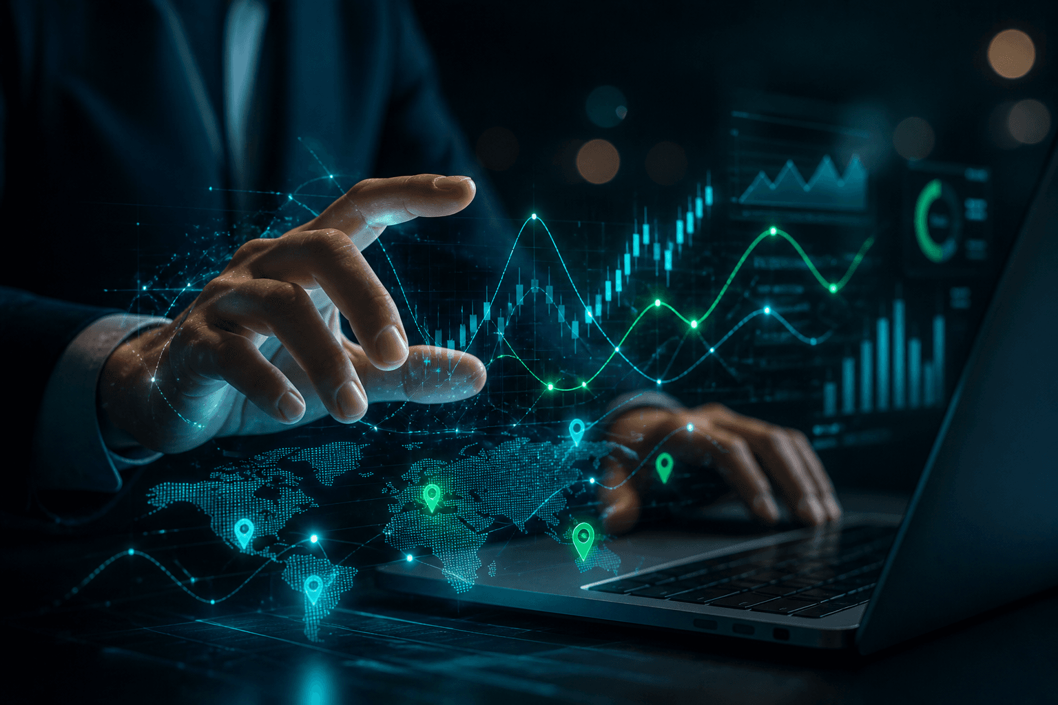 Trader reviewing holographic commodity price charts and intelligence on a laptop in teal-lit enterprise setting