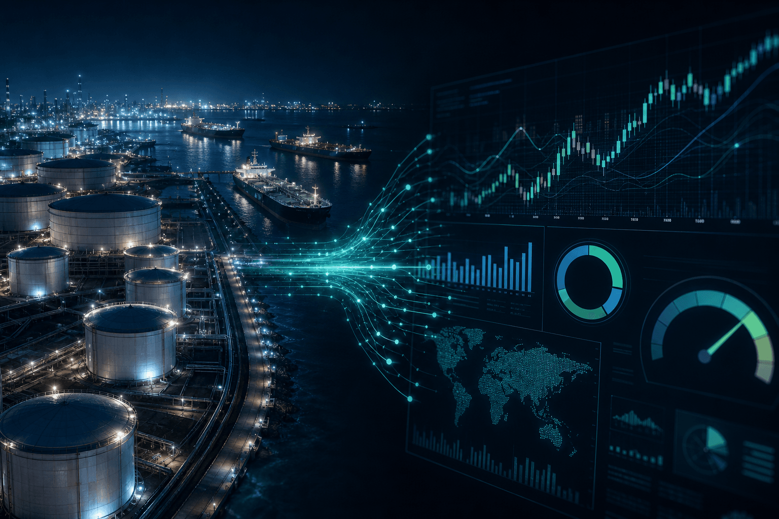 Physical commodity assets and financial risk analytics merged in one connected teal-lit enterprise view