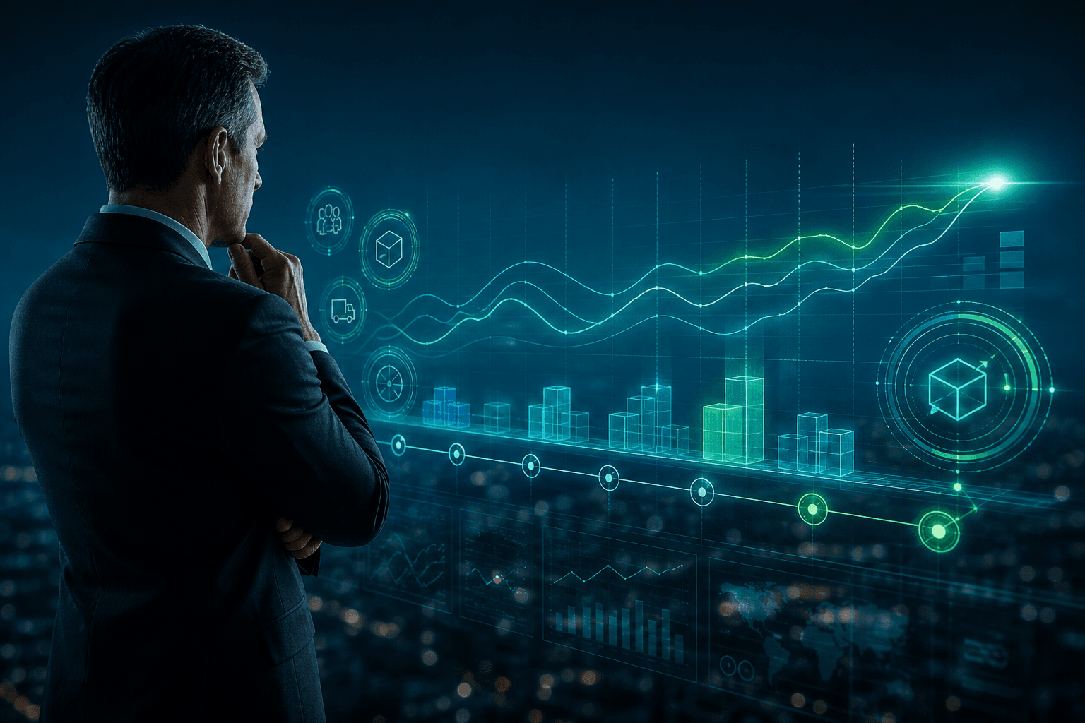 Executive reviewing forward-looking demand forecast curves and planning projections in a teal holographic display