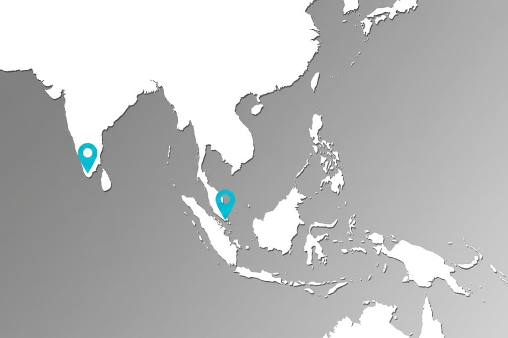 South Asia map showing Taomish office locations in Bengaluru, Thiruvananthapuram, and Singapore