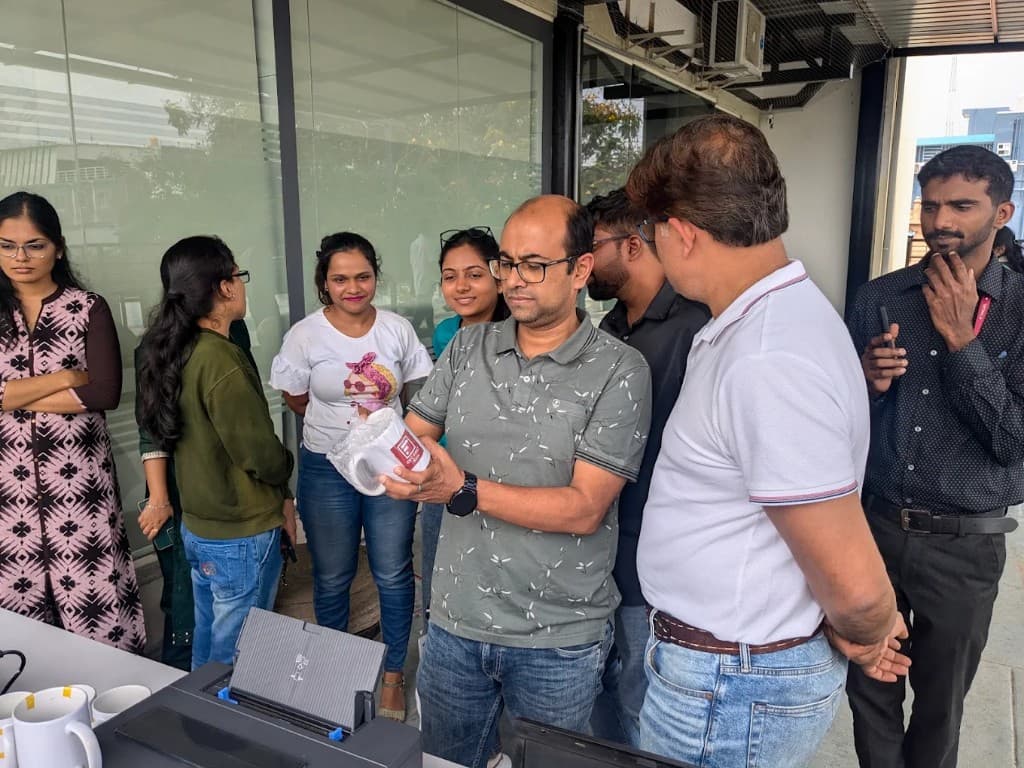 Colleagues gathered on the office terrace